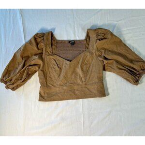Express Puff Sleeve Cropped Top SM Brown Square Neck Milk Maid Cottage Core